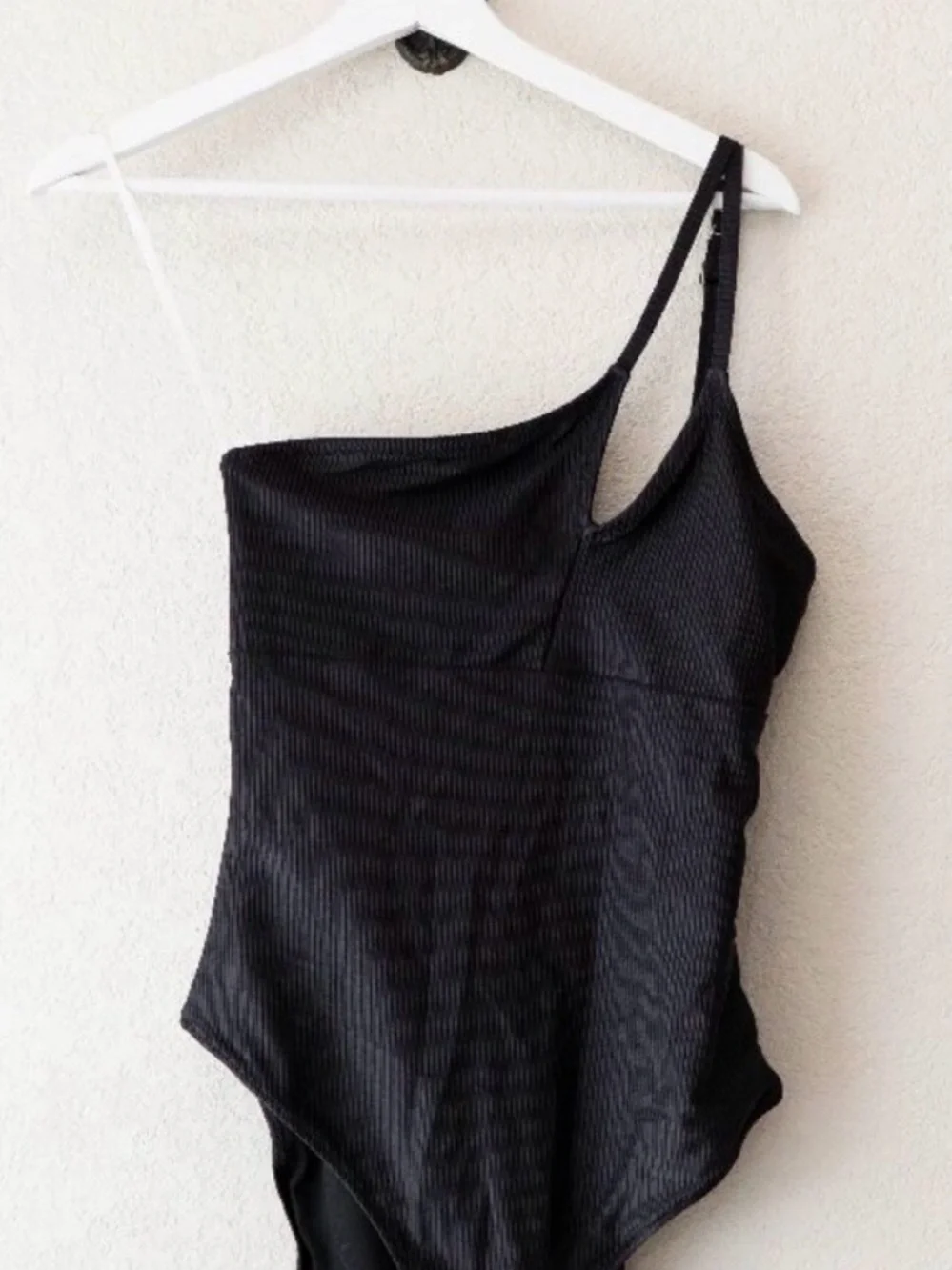 aerie Black One-Shoulder Ribbed Cutout Swimsuit